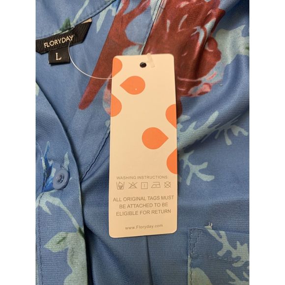 FloryDay Women’s Large Floral Print  Long Sleeve Button-Up Blue  Shirt - Picture 9 of 12